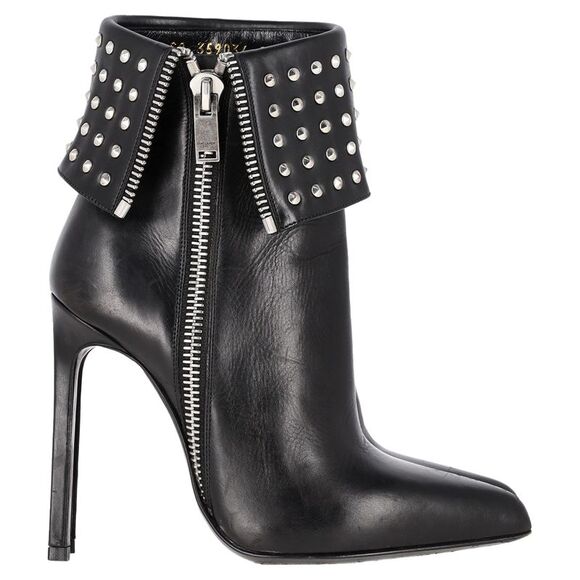 Saint Laurent Paris Fold Over Studded Booties in Black Leather - Picture 1 of 12
